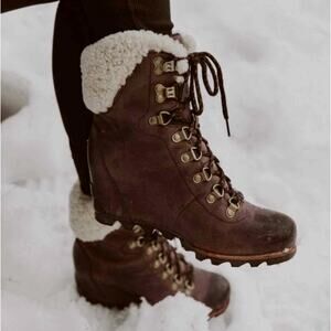 Sorel 8 Conquest Wedge Lace Up Winter Boots Leather Shearling Snow Shoes Brown